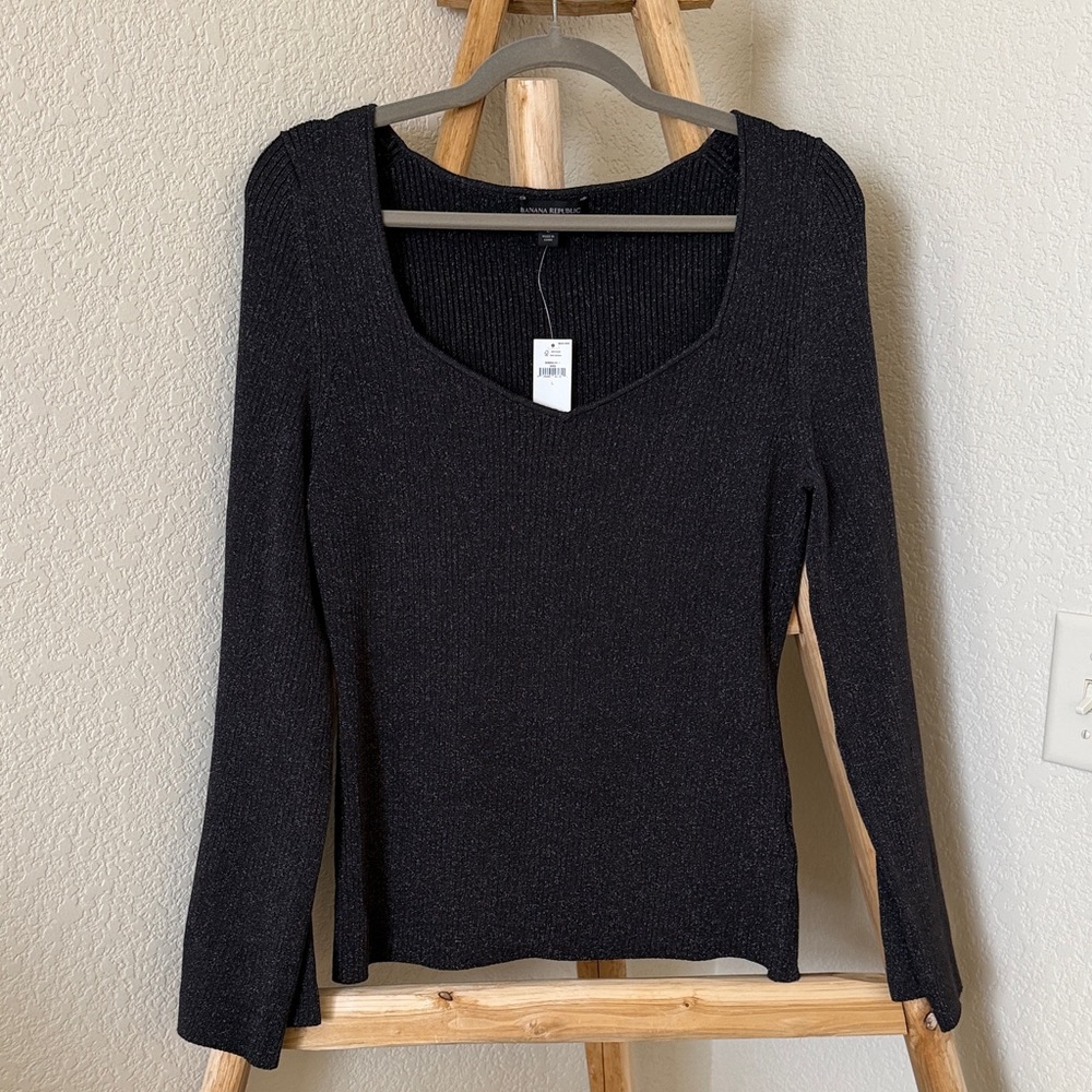 NWT Banana Republic Metallic Ribbed Black Charcoal Gray Ribbed Knit Top Sweater